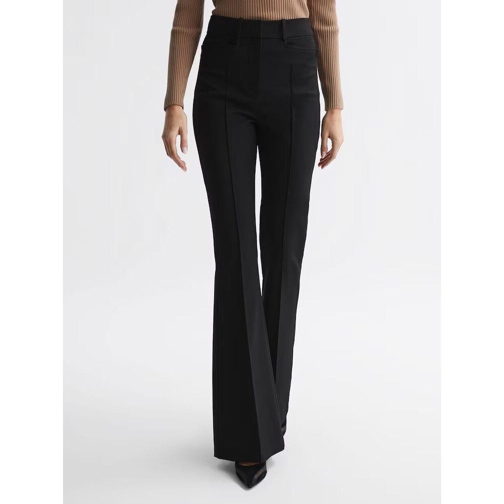 REISS Black Dylan High Rise Flare Trousers Womens 10 Flat Front Zip Work Pants